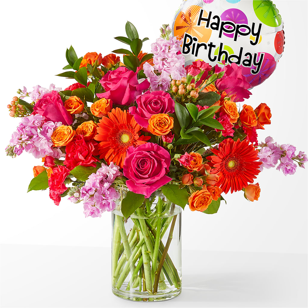 Fiesta Bouquet with Birthday Balloon – FARFANS FLOWERS & DECORATIONS LLC, Frederick MD