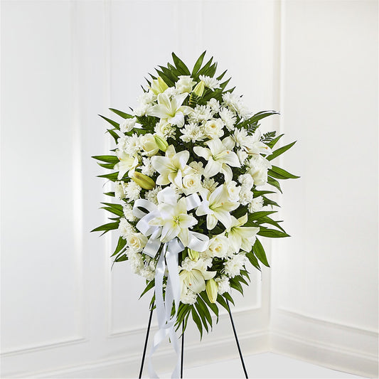 Exquisite Tribute Standing Spray-White Ribbon – FARFANS FLOWERS & DECORATIONS LLC, Frederick MD