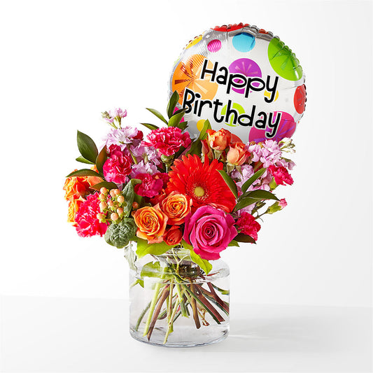 Fiesta Bouquet with Birthday Balloon – FARFANS FLOWERS & DECORATIONS LLC, Frederick MD
