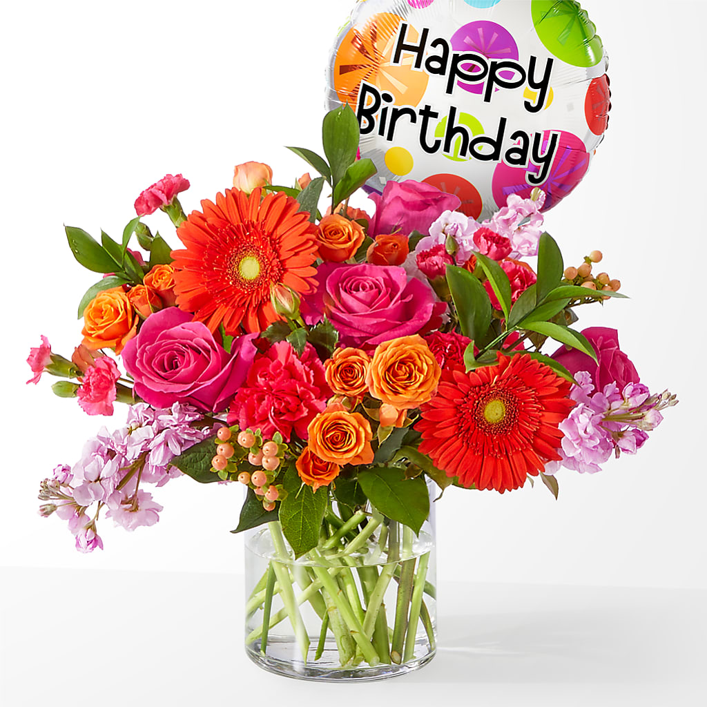 Fiesta Bouquet with Birthday Balloon – FARFANS FLOWERS & DECORATIONS LLC, Frederick MD