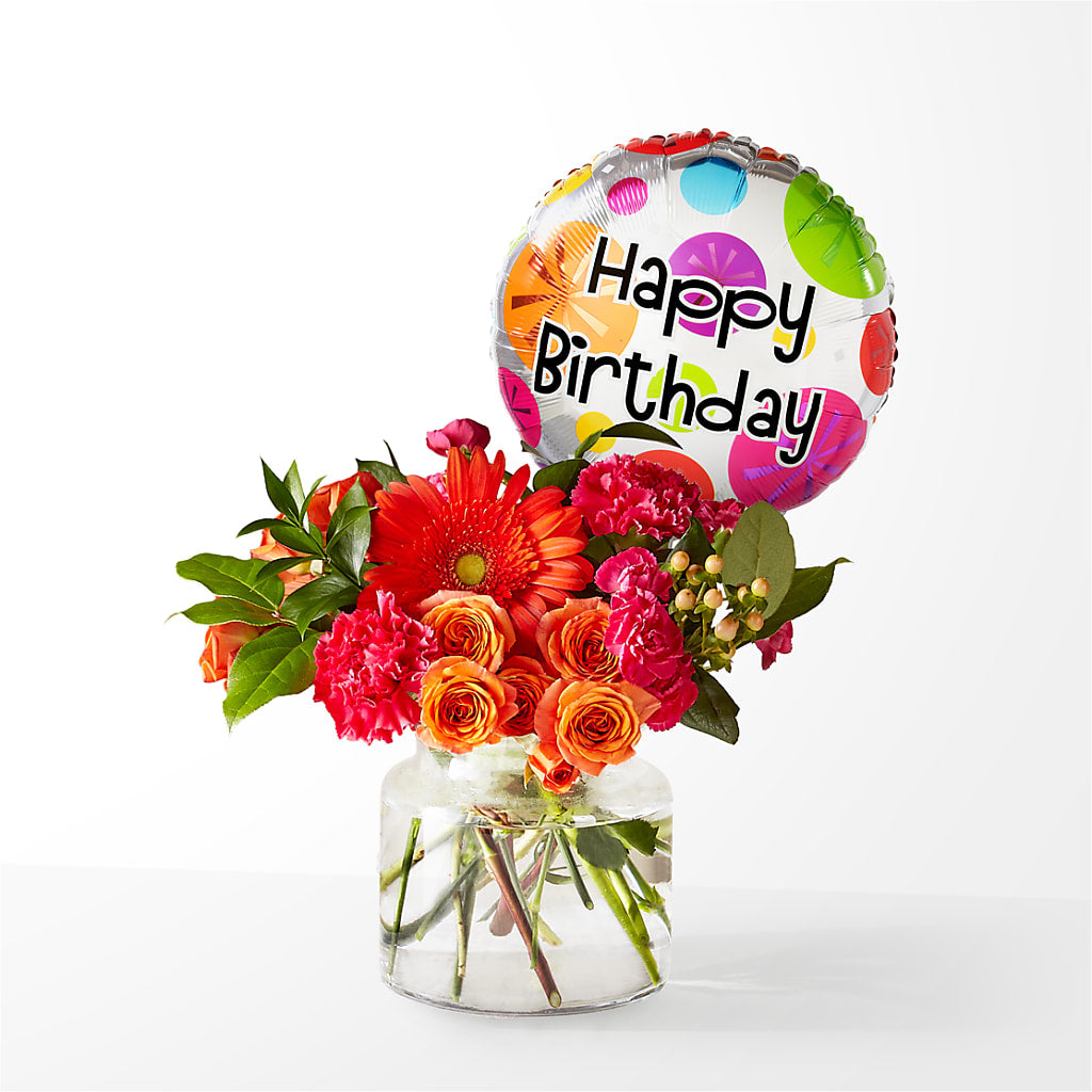 Fiesta Bouquet with Birthday Balloon – FARFANS FLOWERS & DECORATIONS LLC, Frederick MD