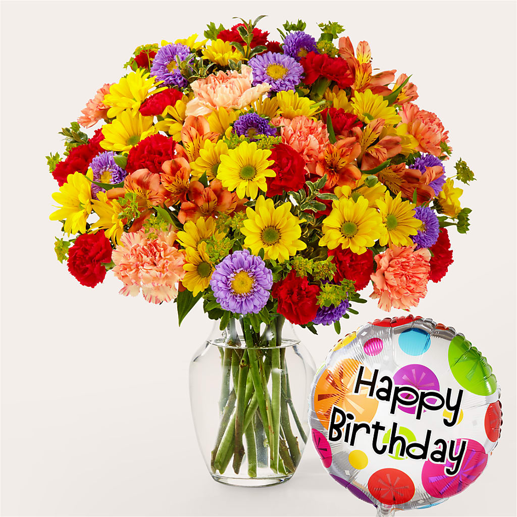 Kaleidoscope Bouquet with Birthday Balloon – FARFANS FLOWERS & DECORATIONS LLC, Frederick MD