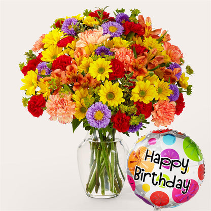 Kaleidoscope Bouquet with Birthday Balloon – FARFANS FLOWERS & DECORATIONS LLC, Frederick MD