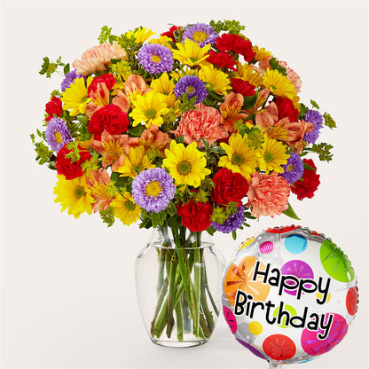 Kaleidoscope Bouquet with Birthday Balloon – FARFANS FLOWERS & DECORATIONS LLC, Frederick MD