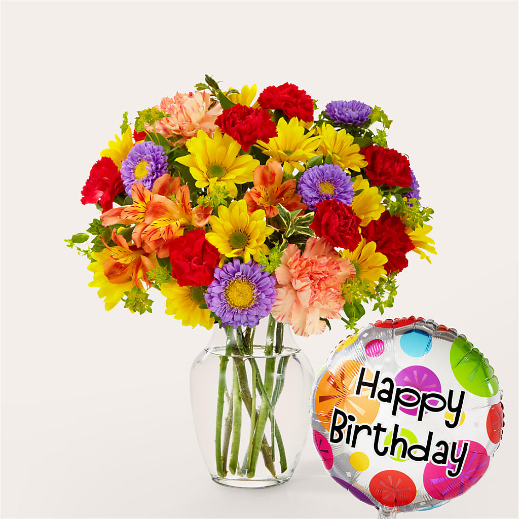 Kaleidoscope Bouquet with Birthday Balloon – FARFANS FLOWERS & DECORATIONS LLC, Frederick MD
