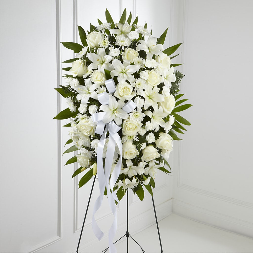 Exquisite Tribute Standing Spray-White Ribbon – FARFANS FLOWERS & DECORATIONS LLC, Frederick MD