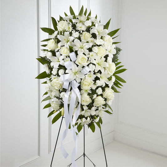 Exquisite Tribute Standing Spray-White Ribbon – FARFANS FLOWERS & DECORATIONS LLC, Frederick MD