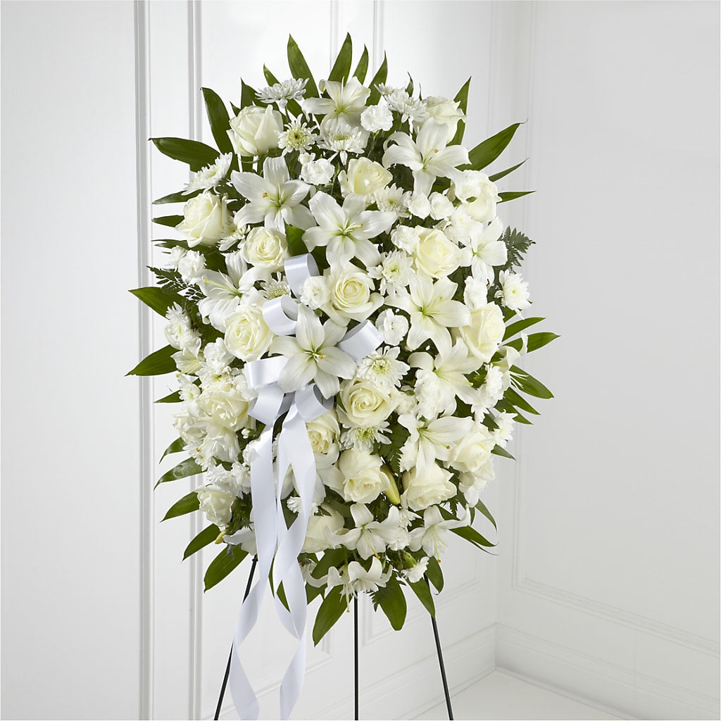 Exquisite Tribute Standing Spray-White Ribbon – FARFANS FLOWERS & DECORATIONS LLC, Frederick MD