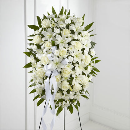 Exquisite Tribute Standing Spray-White Ribbon – FARFANS FLOWERS & DECORATIONS LLC, Frederick MD