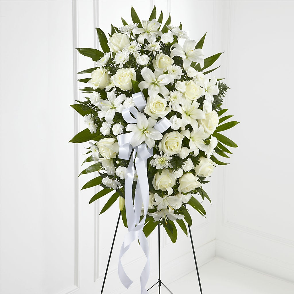 Exquisite Tribute Standing Spray-White Ribbon – FARFANS FLOWERS & DECORATIONS LLC, Frederick MD