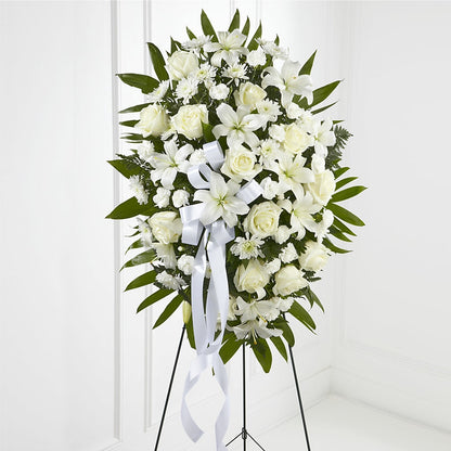 Exquisite Tribute Standing Spray-White Ribbon – FARFANS FLOWERS & DECORATIONS LLC, Frederick MD