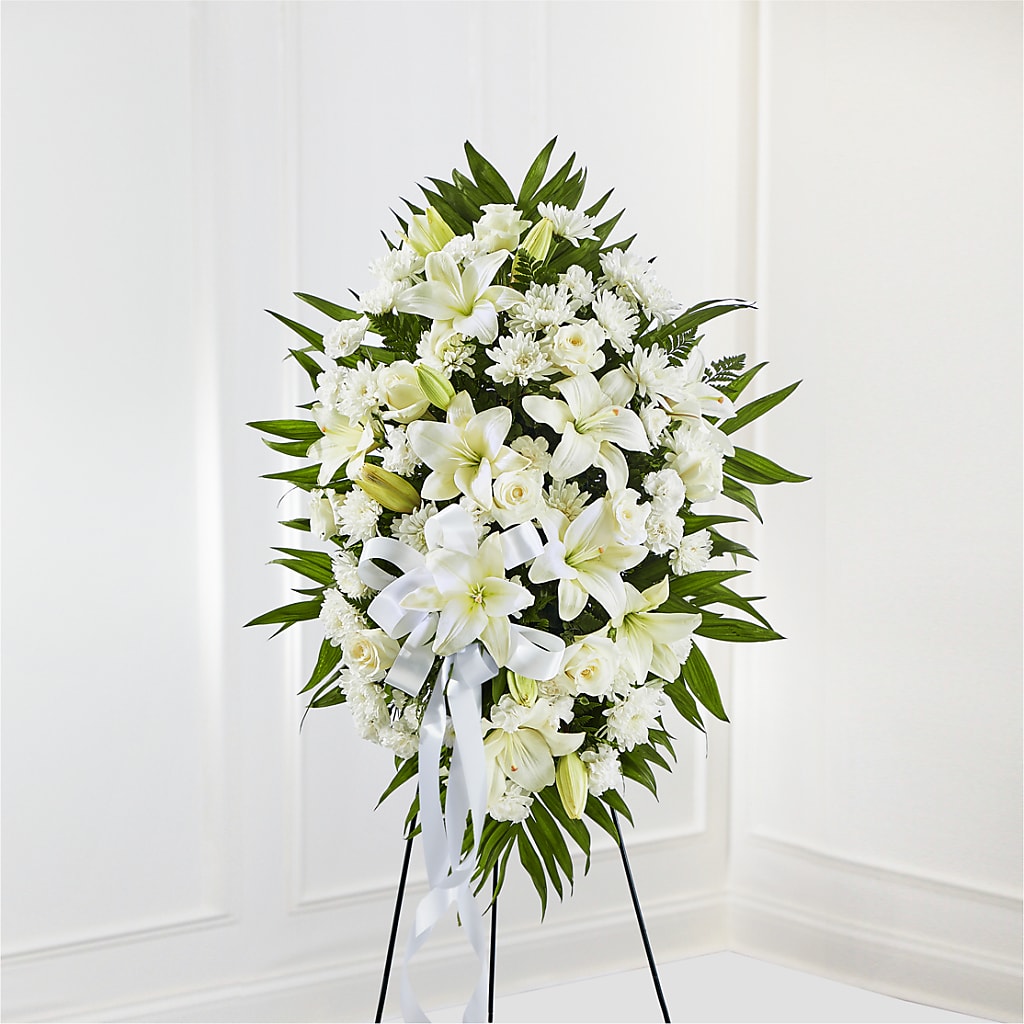 Exquisite Tribute Standing Spray-White Ribbon – FARFANS FLOWERS & DECORATIONS LLC, Frederick MD
