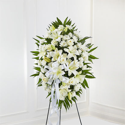 Exquisite Tribute Standing Spray-White Ribbon – FARFANS FLOWERS & DECORATIONS LLC, Frederick MD