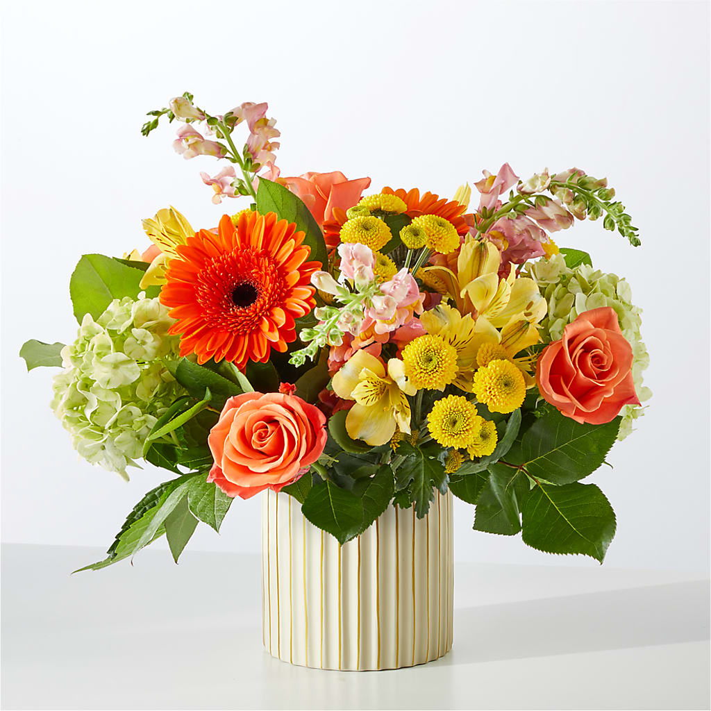Autumn Sunshine Bouquet with Ivory Vase – FARFANS FLOWERS & DECORATIONS LLC, Frederick MD